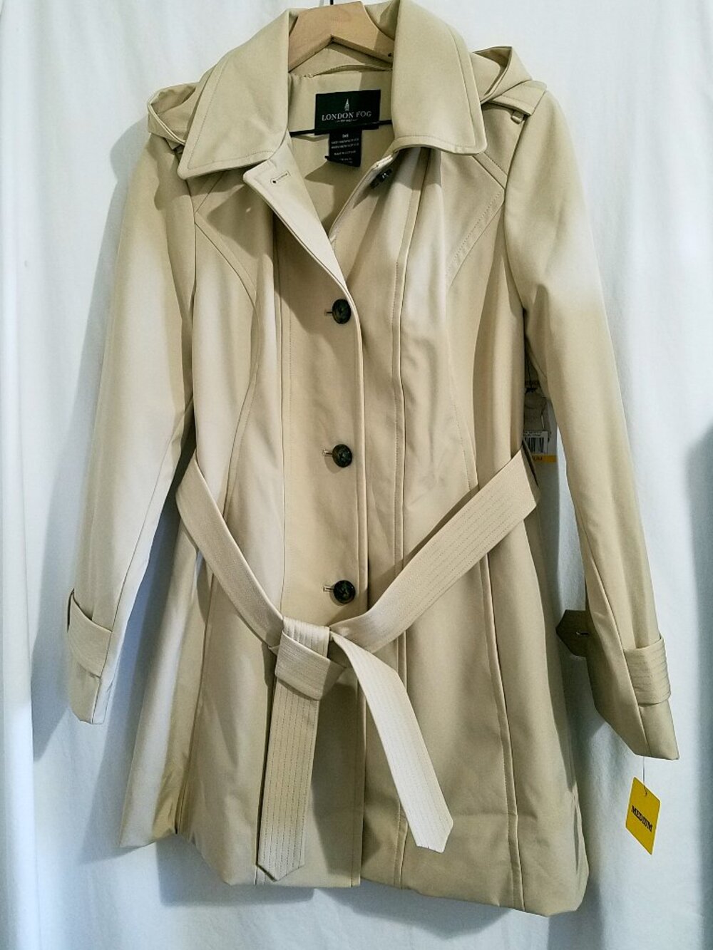 London Fog Stone Khaki Trench Coat Removable Hood Womens Medium NWT